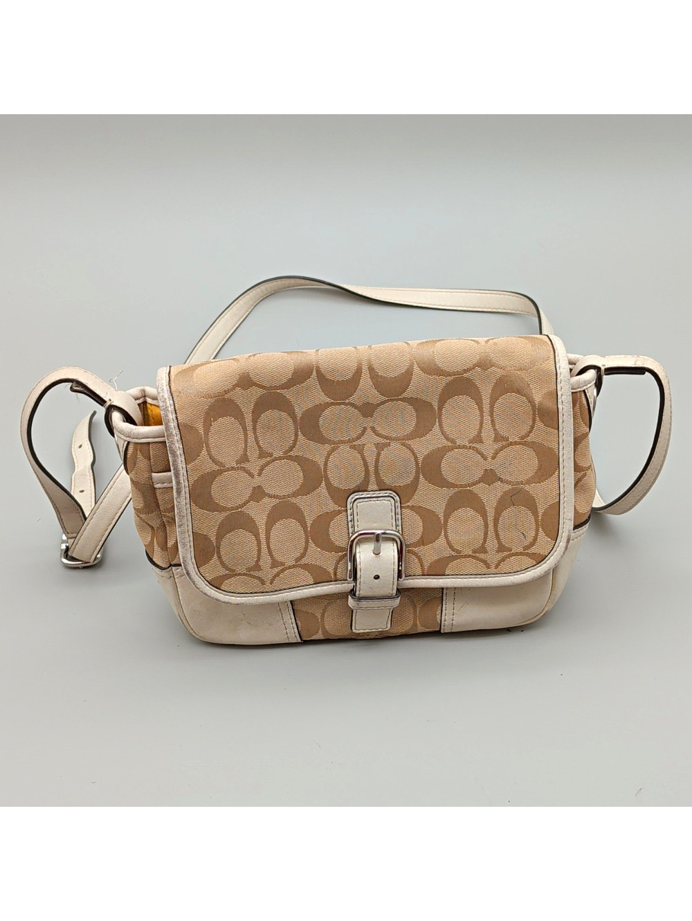 Coach Signature Logo Beige Small Women’s Crossbody Bag Buckle Accent Strap